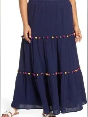 Caslon Tiered PomPom Navy Maxi Boho Prairie Skirt